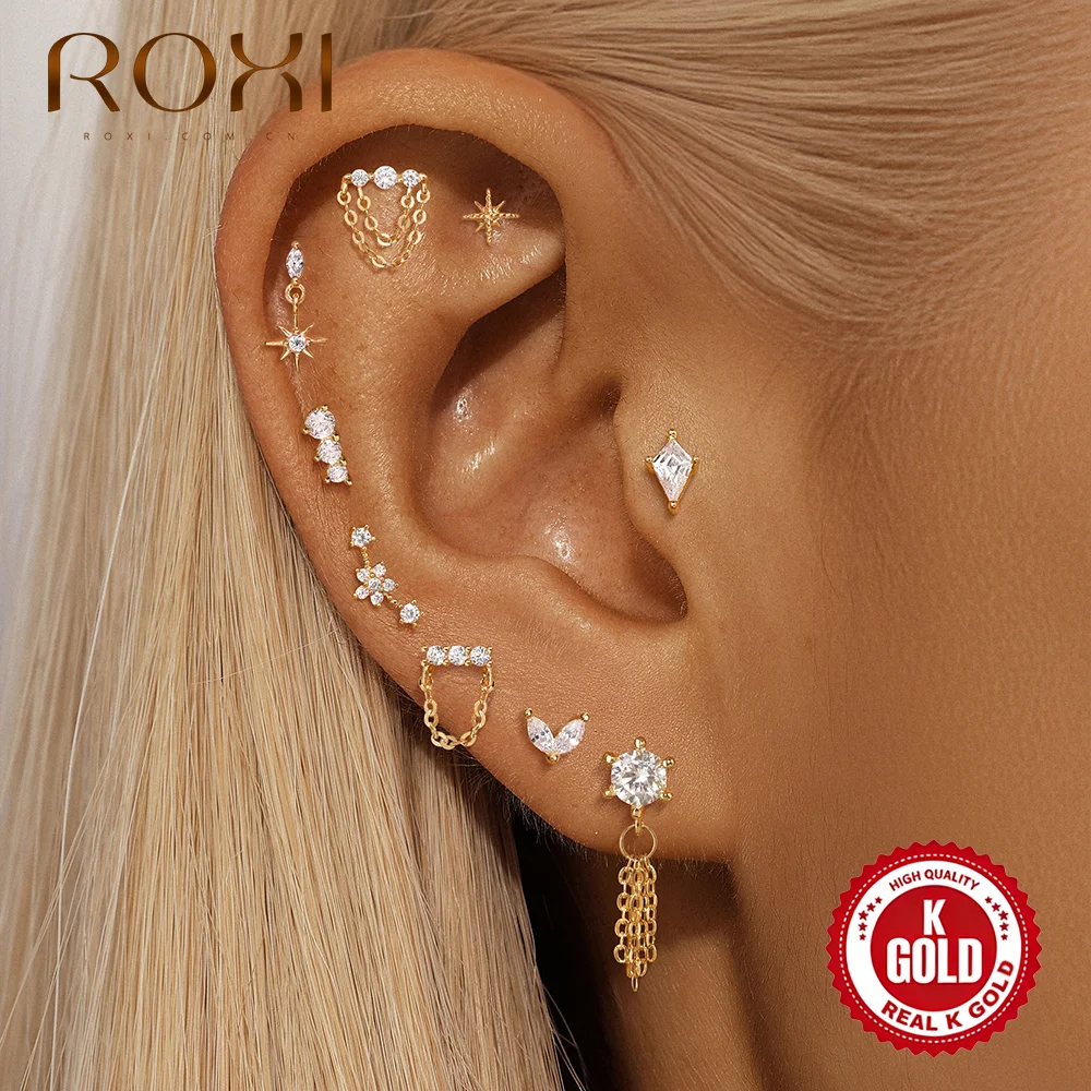 

Серьги-цепочки ROXI из цельного золота 14 карат с подвесками-звездочками для женщин, изящные роскошные серьги-гвоздики для ушей, подарки на День святого Валентина, Pendiente