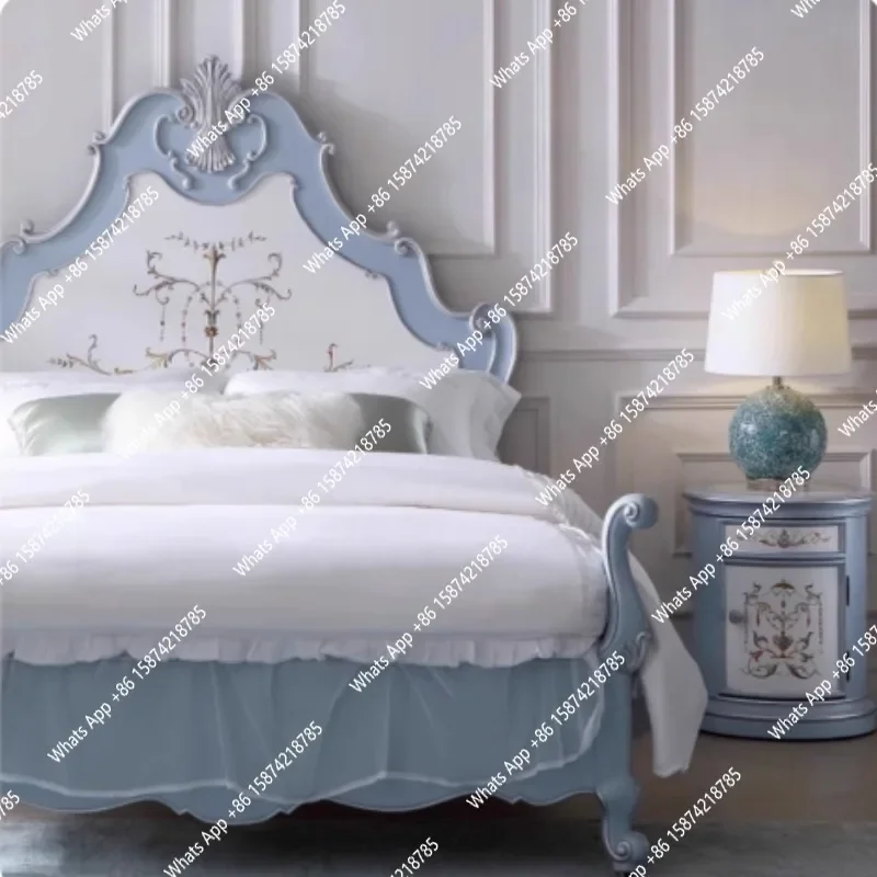 S French Light Luxury Solid Wood Carving Flower Double Bed Painted Princess Bed European Villa Luxury Master Bedroom Wedding Bed