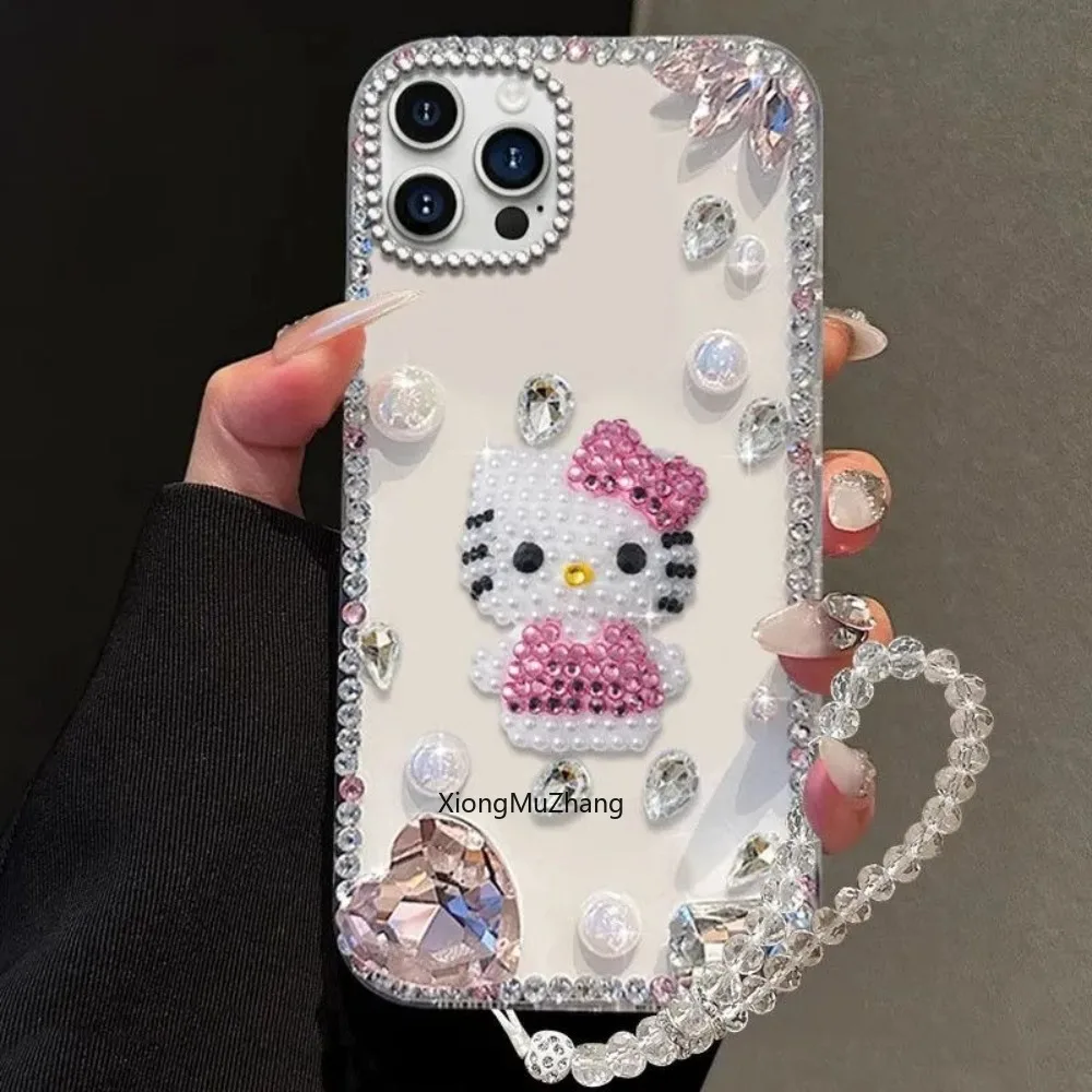 

Sanrio Fashion Hello Kitty Shiny Diamond Bow Phone Case for 11 12 13 14 15 16 Pro Max Mini Anime Rhinestone Anti-fall Cover Gift