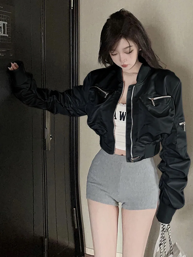 Y2k Bomber Jacket Women Baseball Jersey Jacket Zip Cropped Coat High Waist Spring Autumn Long Sleeve Outerwear Trend Tops Black