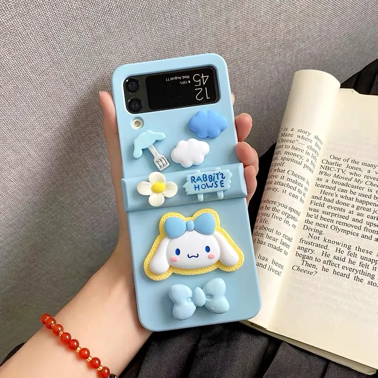 3D Cartoon Cute Sanrio Cinnamoroll Blue Bow Phone Case For Samsung Galaxy ZFlip3 ZFlip4 5G Anti-drop Back Cover Girl Gift