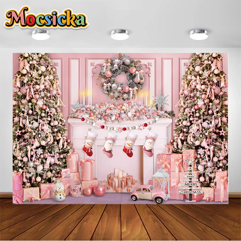 

Pink Christmas Photography Backdrop Winter Fireplace Banner Pink Xmas Tree Gift Background Snow Holiday Family Party Photocall