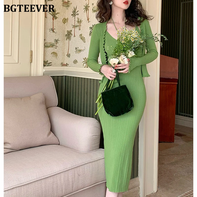 BGTEEVER Vintage Slim Women Solid Knitted Dress Set Long Sleeve Sweaters Cardigans Tops & V-neck Sleeveless Package Hip Dress