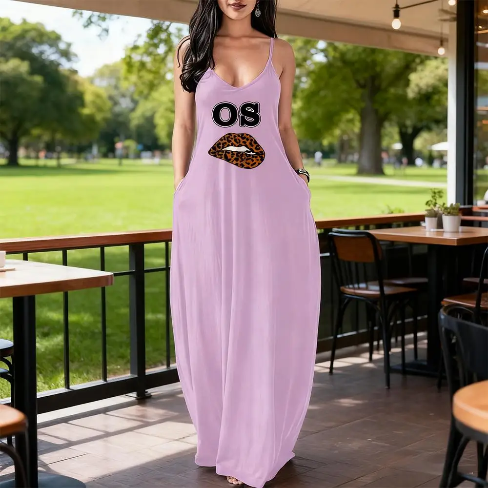 

Women's Summer Solid Color Sexy Suspender Dress Fashion Leopard Print Lip Print V-Neck Long Dress Casual Vacation Beach Dress