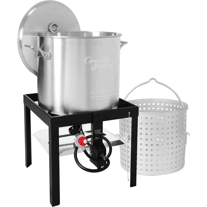 

Creole Feast SBK1001 Seafood Boiling Kit with Strainer, Outdoor Aluminum Propane Gas Boiler with 10 PSI Regulator, Silver