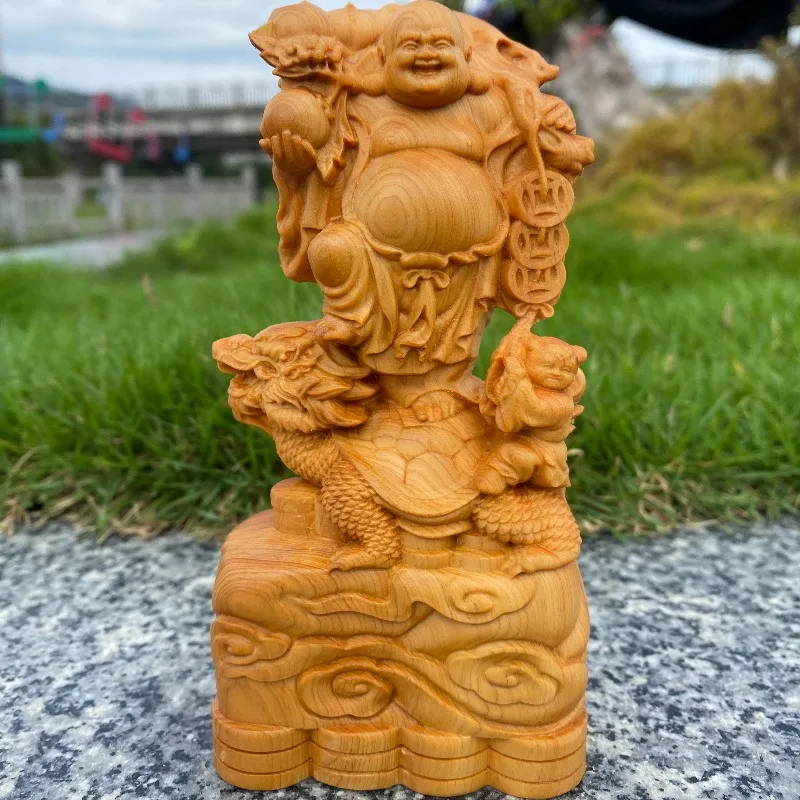 

Hand-Carved Boxwood Maitreya Dragon Turtle Statue - 5.9x2.75x1.77" Buddha Figurine Home Office Decor Lucky Feng Shui