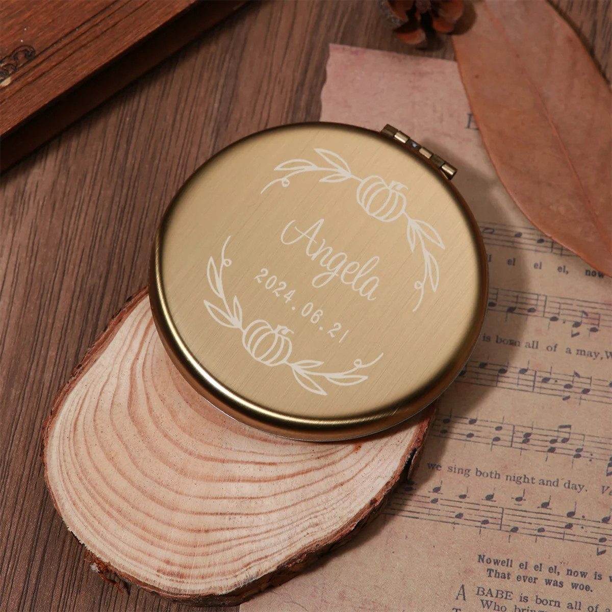 1 pc Pumpkin date creative New style Engraving Customized Name pocket Mirror gold Christening Souvenir