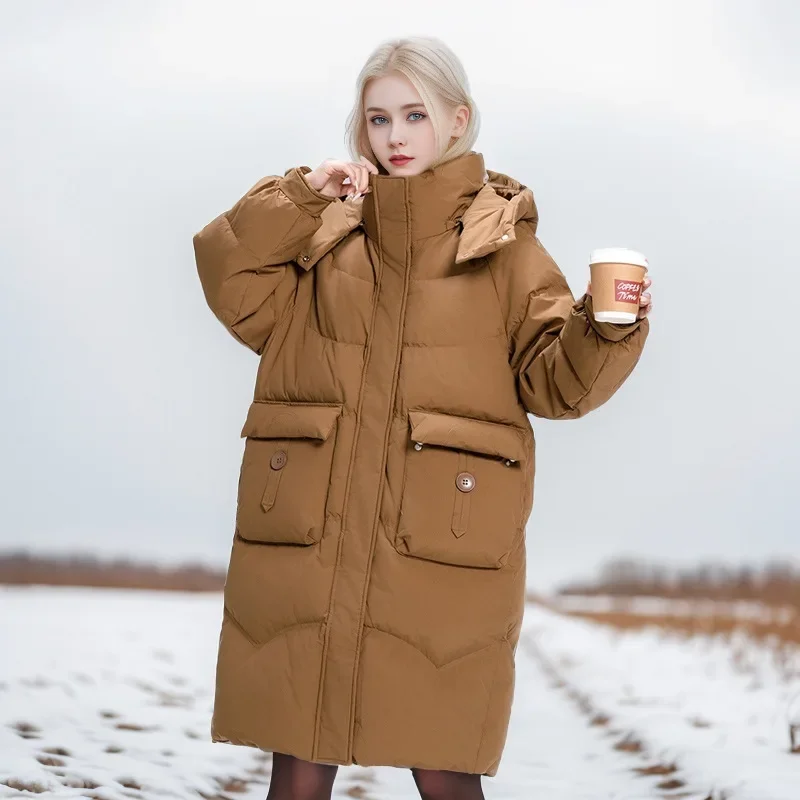

Женское стеганое пальто, однотонное, с большими карманами, с капюшоном, свободная куртка-парка, длинное женское пальто выше колена