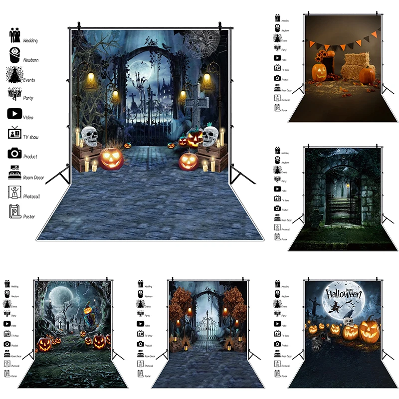 

Horror Halloween Backdrop Pumpkin Skeleton Iron Gate Decorations Banner Halloween Themed Birthday Party Photography Background