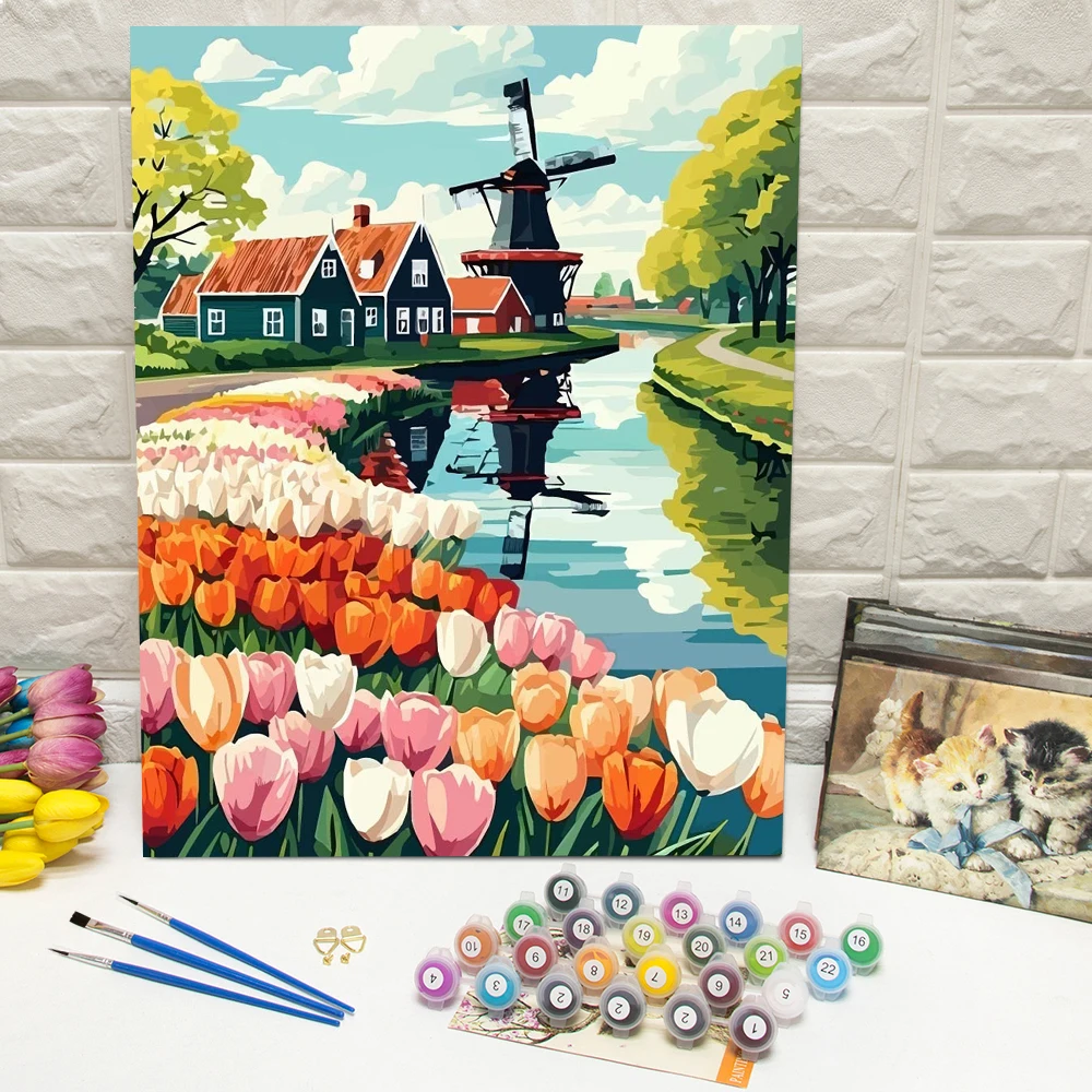 Huacan Digitales Ölgemälde Windmühle Tulpe DIY Malen nach Zahlen Blumenhaus Landschaftsacrylmalerei Heimdekoration