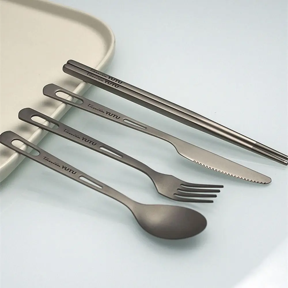 

1 Set Ultralight Titanium Tableware Portable Easy To Clean Pure Titanium Cutlery Set Comfortable Grip with Storage Box