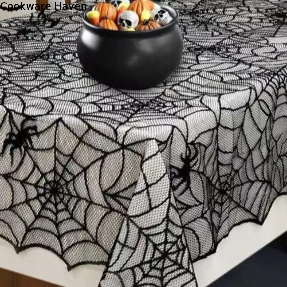 Spooky Portable Halloween Decoration Lace Lightweight Black Tablecloth Ghotic Unique Spider Web Tablecloth Haunted House