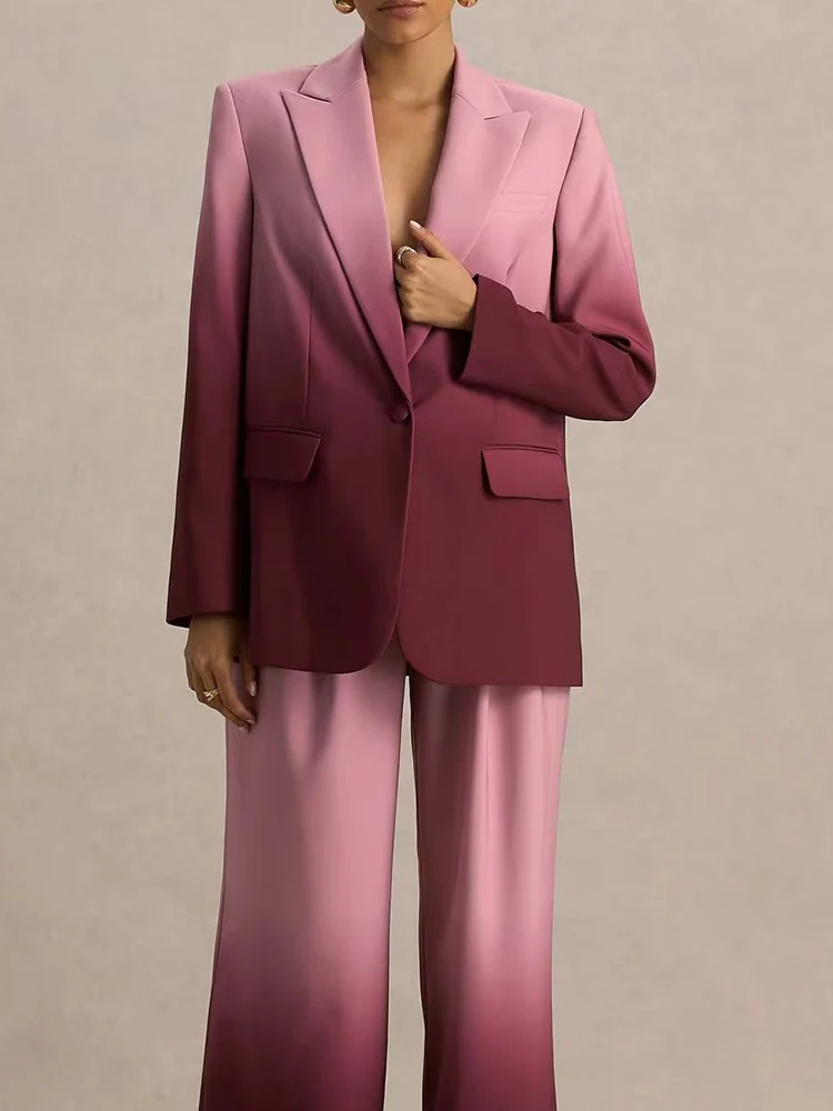 

Темпераментные женские свободные комплекты из двух предметов для поездок на работу, осенний женский костюм, брюки, комплекты, модный пиджак с длинными рукавами и брюки с градиентным принтом