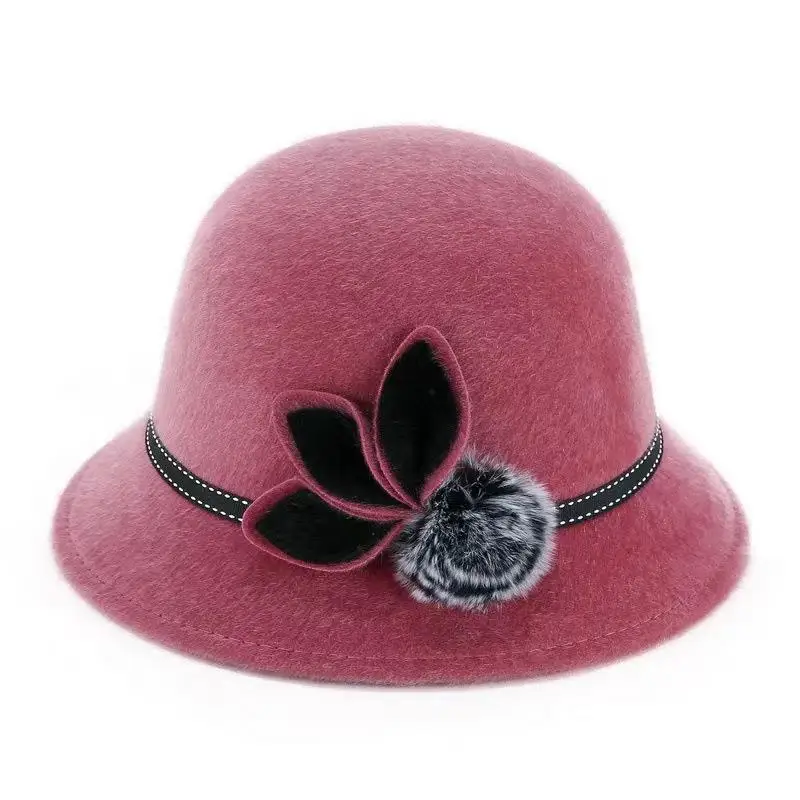 Vintage Elegant Fedoras Cap Casual Basin Hat Bowler Hat With Flower Ladies Dome Hat Autumn Winter Wool Hats Sun Hat Version