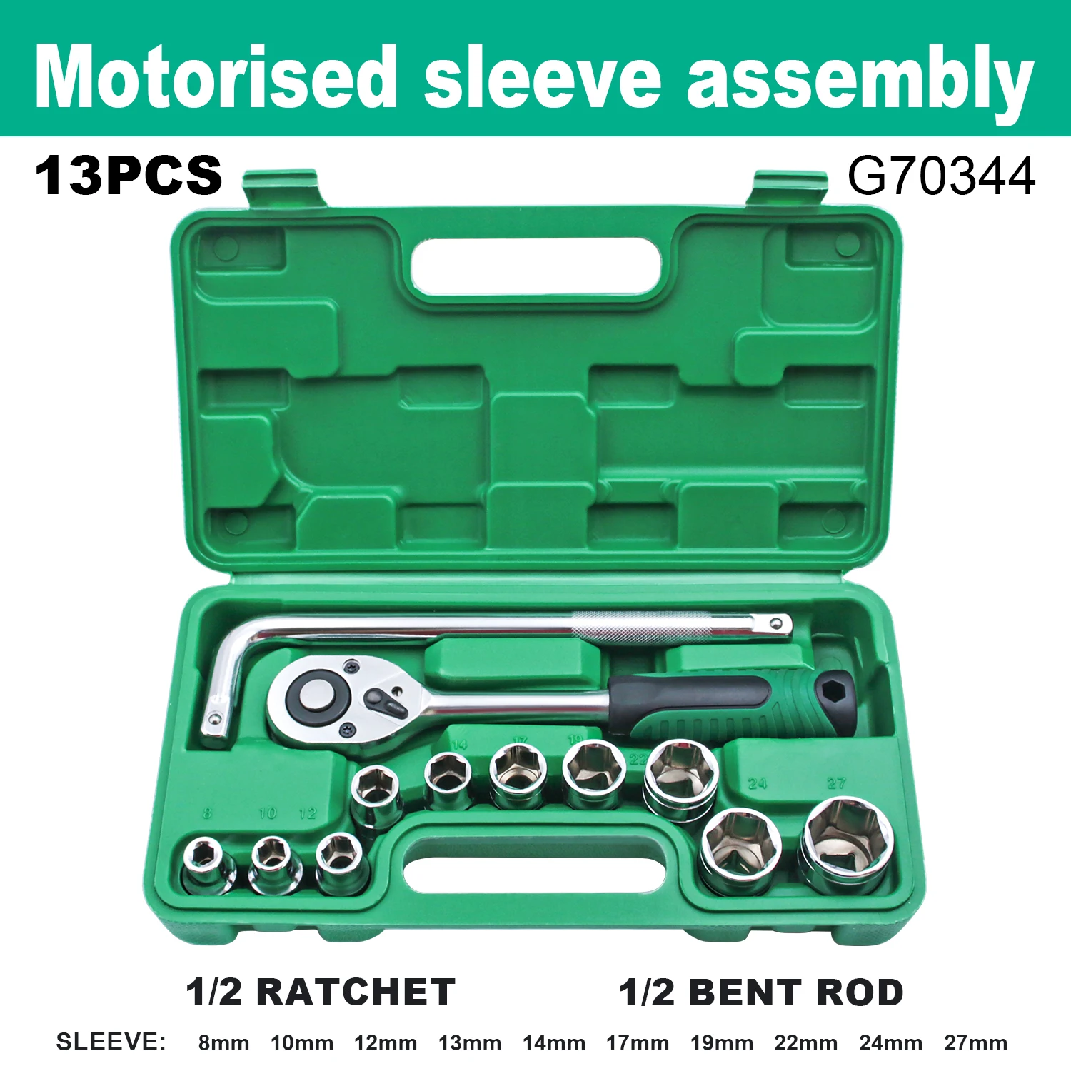 13-Piece Drive Deep Impact Socket Set,Includes ratchet wrench,1/2 Bent Rod, 1/2Ratchet 6 Point 8-27mm and Green Storage Box