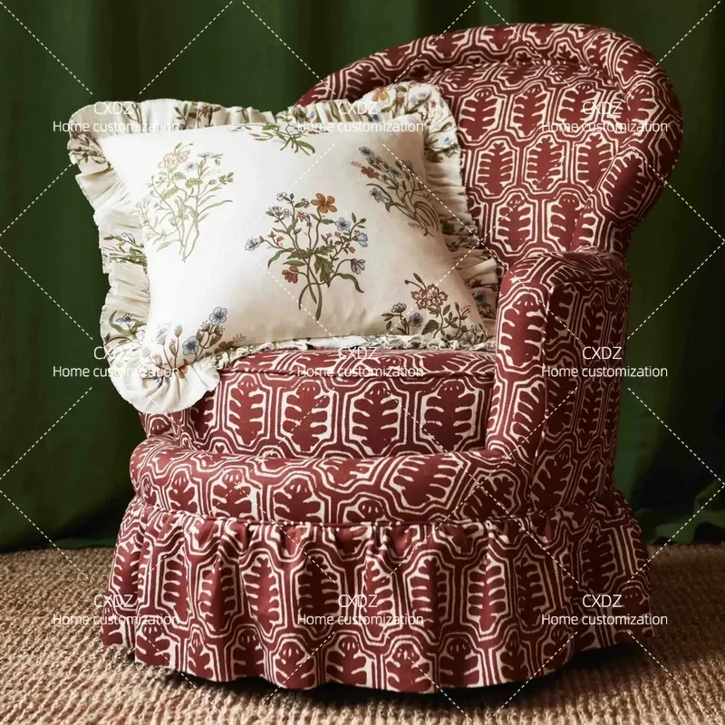 American Retro Solid Wood Sofa Chair Printed Leisure Armchair for Small Apartment Living Room Country Villa Bedroom Single