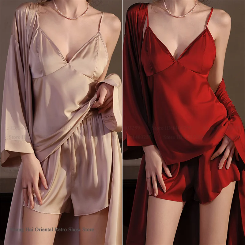 

Sexy Pajamas 3PCS Set Mujer Lingerie Chemise Sleepwear Spring Summer New Bathrobe Pijamas Suit Homewear Loose Rayon Loungewear