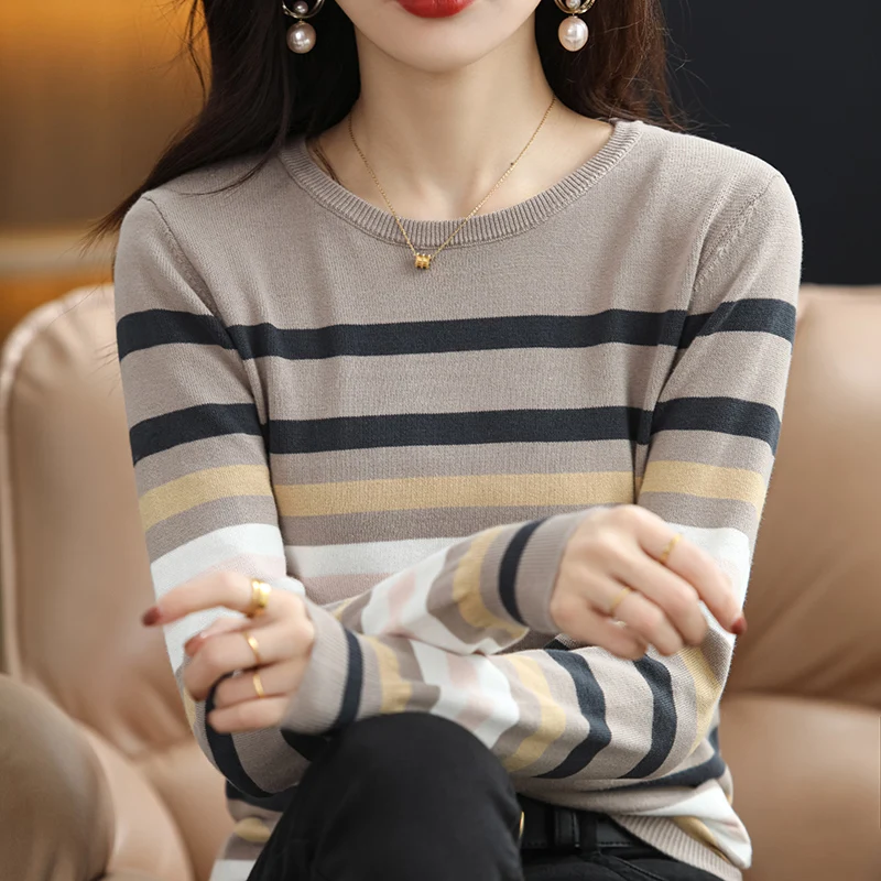 Pure Cotton Striped Knitwear Women\'s Round Neck Pullover Sweater Casual Fashion Needle Cotton Sweater Long Sleeve Spring Autumn