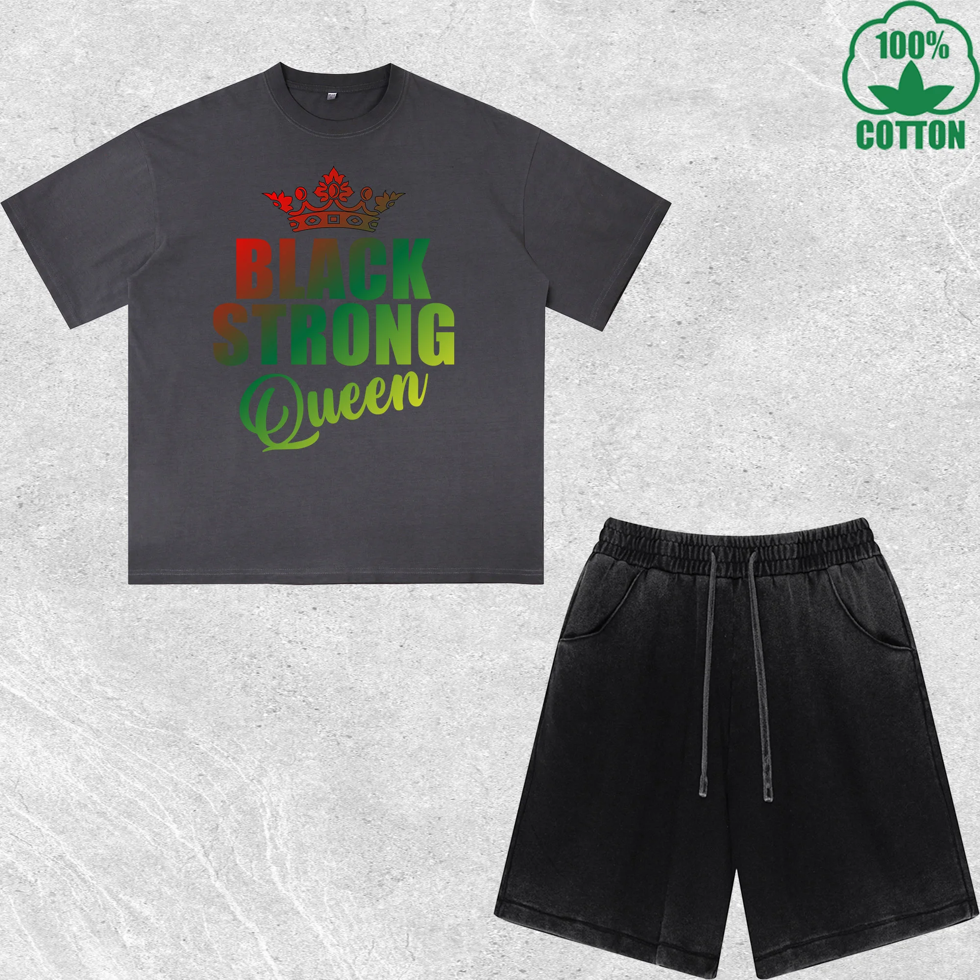 

Black Strong Queen Printed Dirty Wash T-Shirt Shorts Set Combo Loose Trendy Fashionable 100%Cotton Short Value Pack