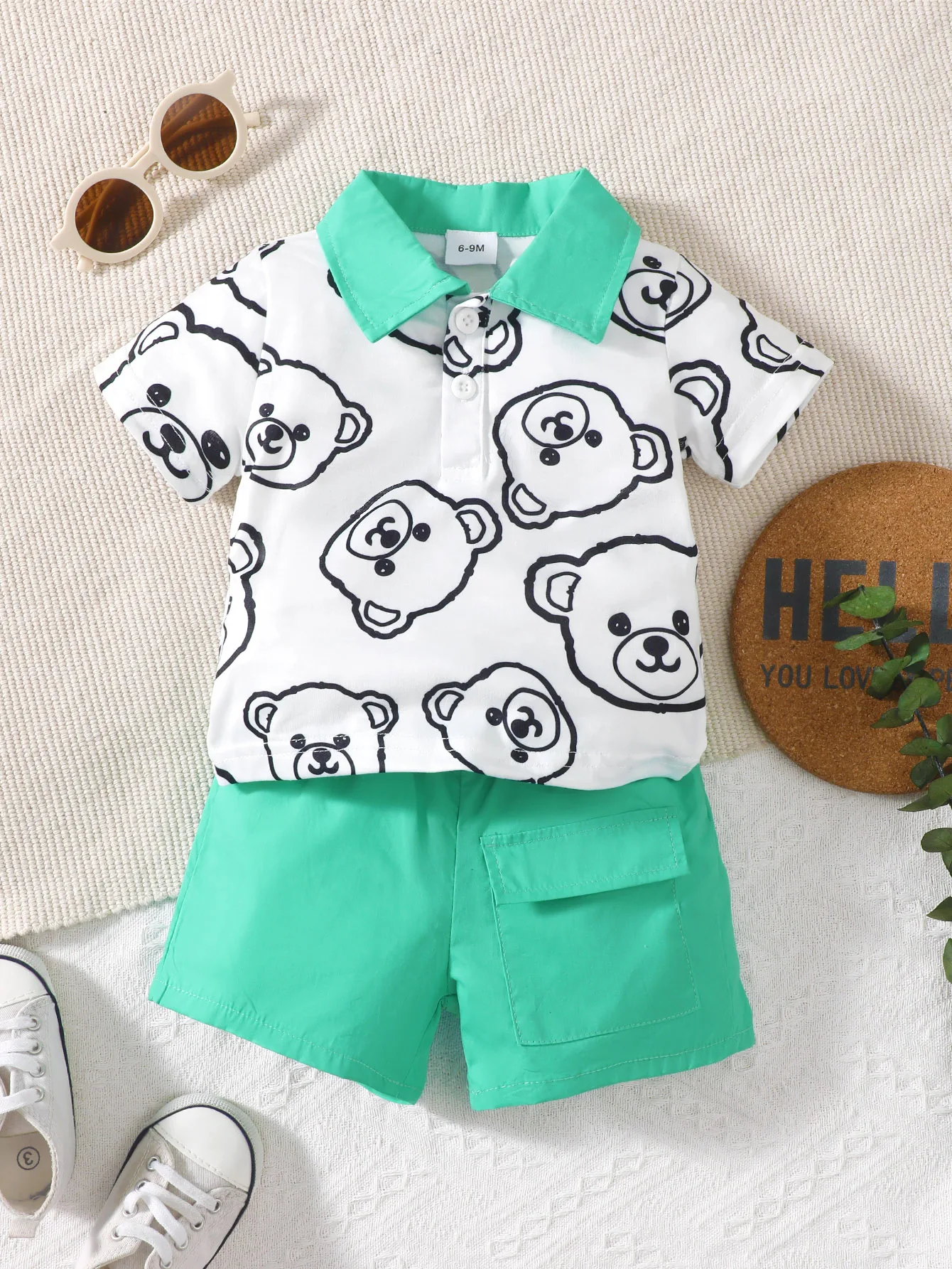 Baby Boys Summer Fresh Green Lapel Color Matching Set Bear Print Short Sleeve T-Shirt Solid Color Elasticated Waist Pocket Pants