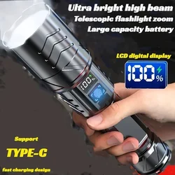 Powerful LED Flashlight Type-C USB Fast Charging Flashlights Outdoor Emergency Torch Camping Flashlights with Built-in Battery