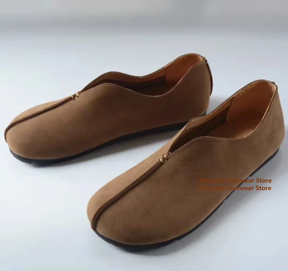 Apricot/coffee Men's Single Shoes Slip On Soft Leather Soft Sole Casual Shoes Big Round Toe Leather Casual Shoes Men's Shoes