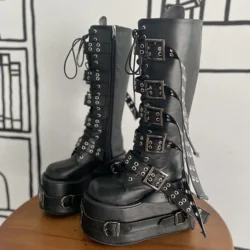 Platform Belt Buckle Women's Motorcycle Boots 2024 Autumn New Fashion Casual Party Boot Street Punk Rock Metal Rivet Knight Boot
