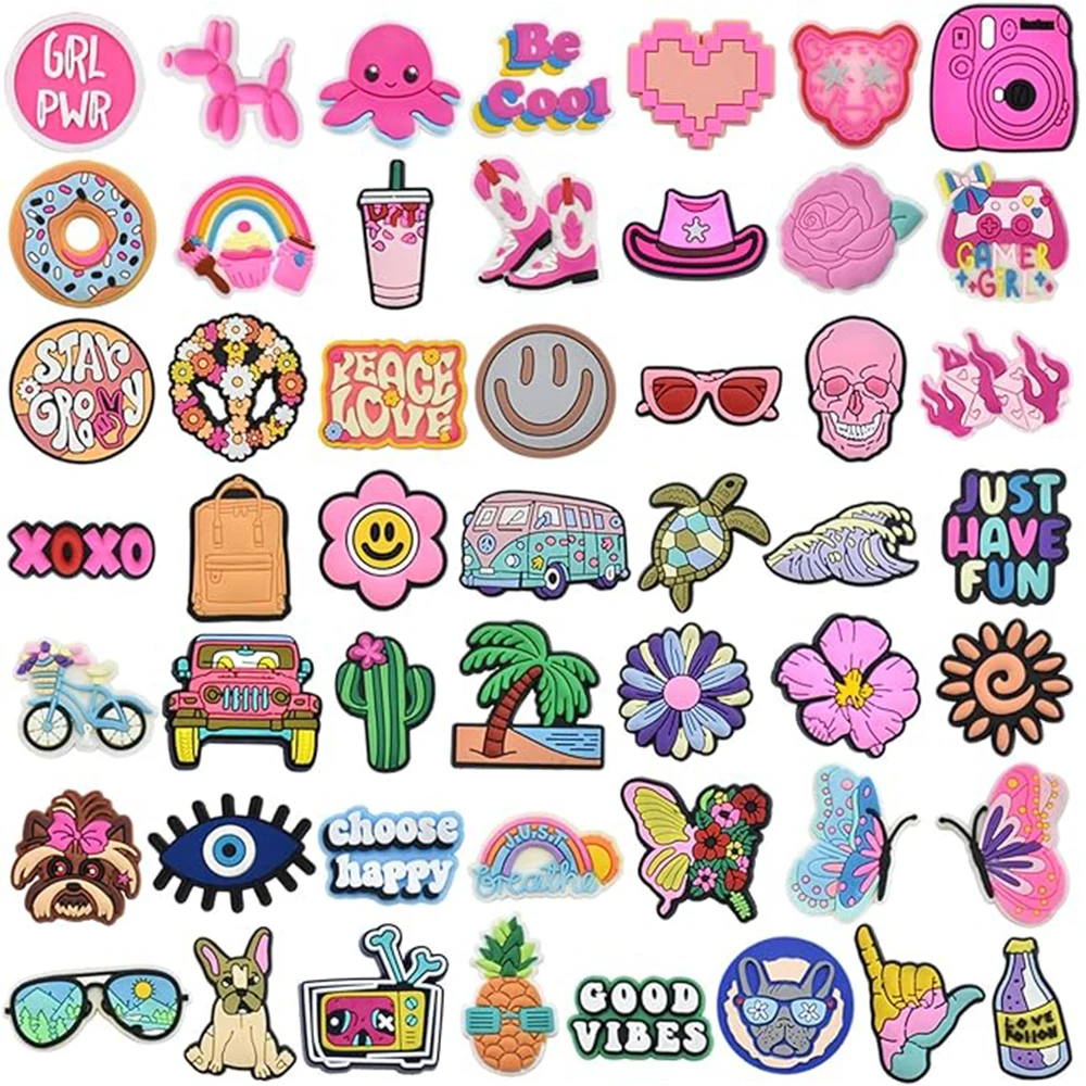 

50 шт. разные аксессуары для обуви для украшения сабо, подвески для обуви крокодила, подвески Jibbitz для крокодилов, розовые аксессуары для обуви.