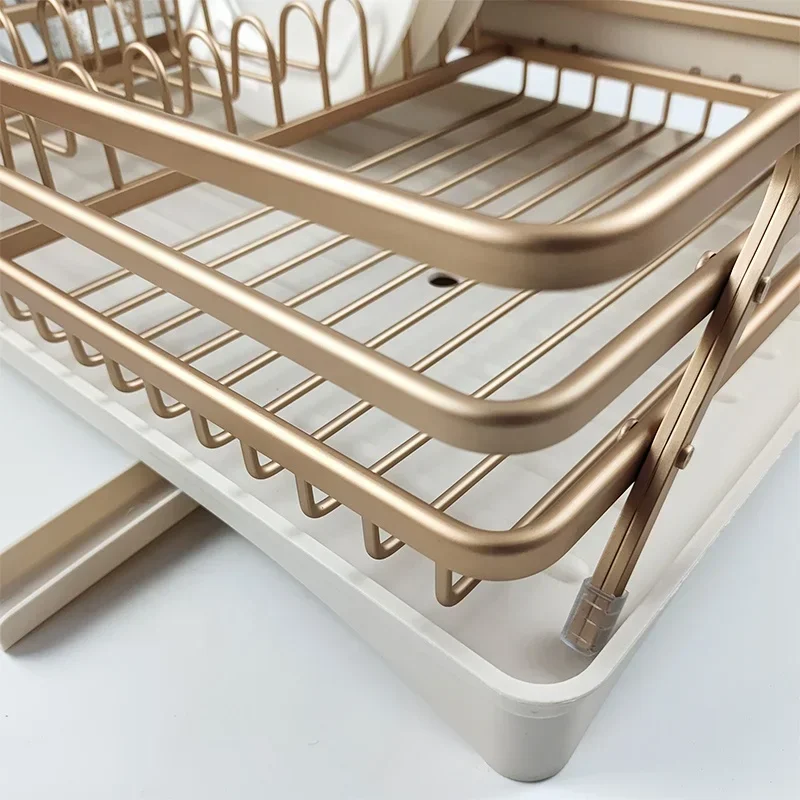 New  Hot Sale Aluminum Gold Sink Dish Rack Dish Drainer Rack Kitchen Sink Dish Drying Rack With Drainboard Set