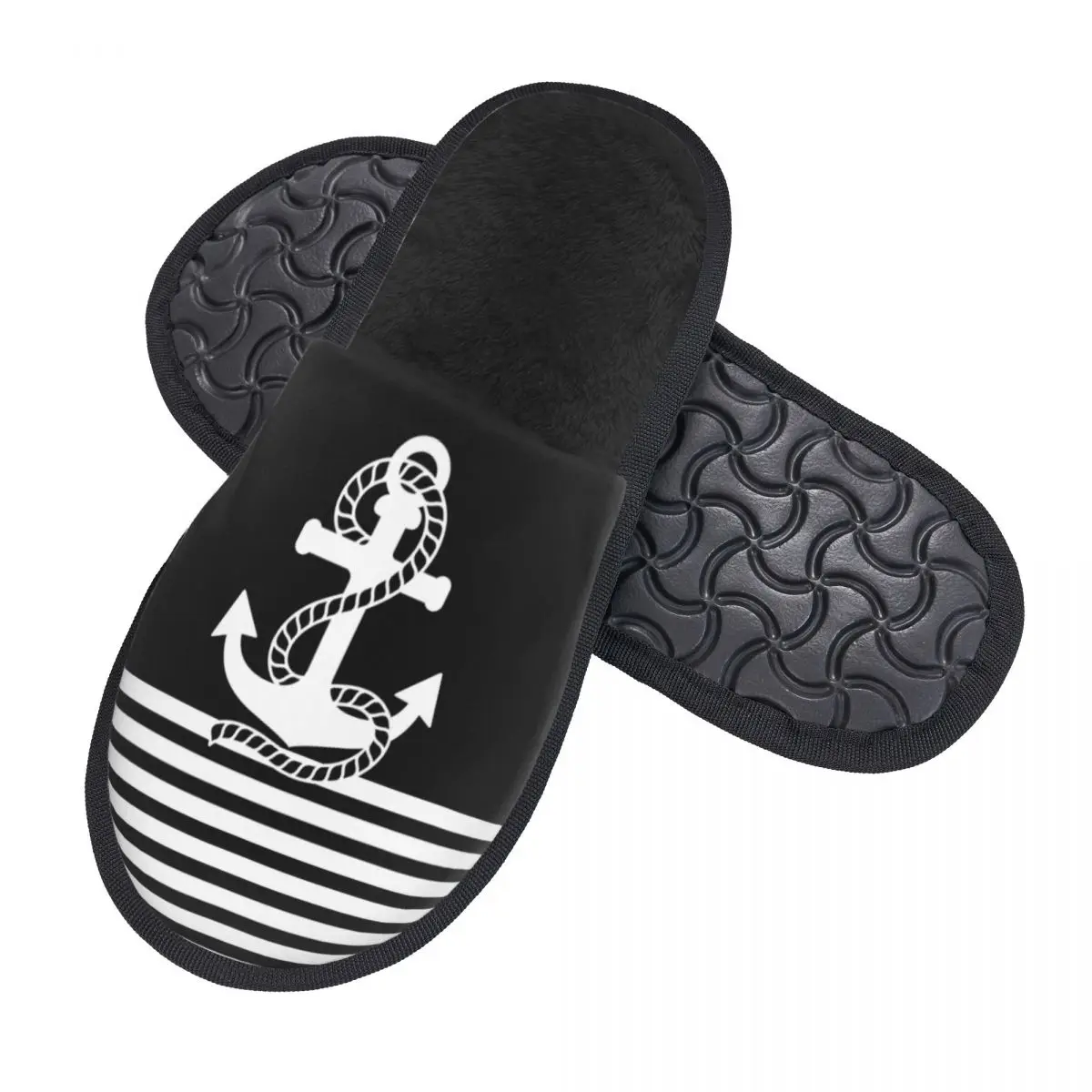 Custom Black White Nautical Stripes And Anchor Memory Foam Slippers Women Cozy Warm Sailing Sailor House Slippers