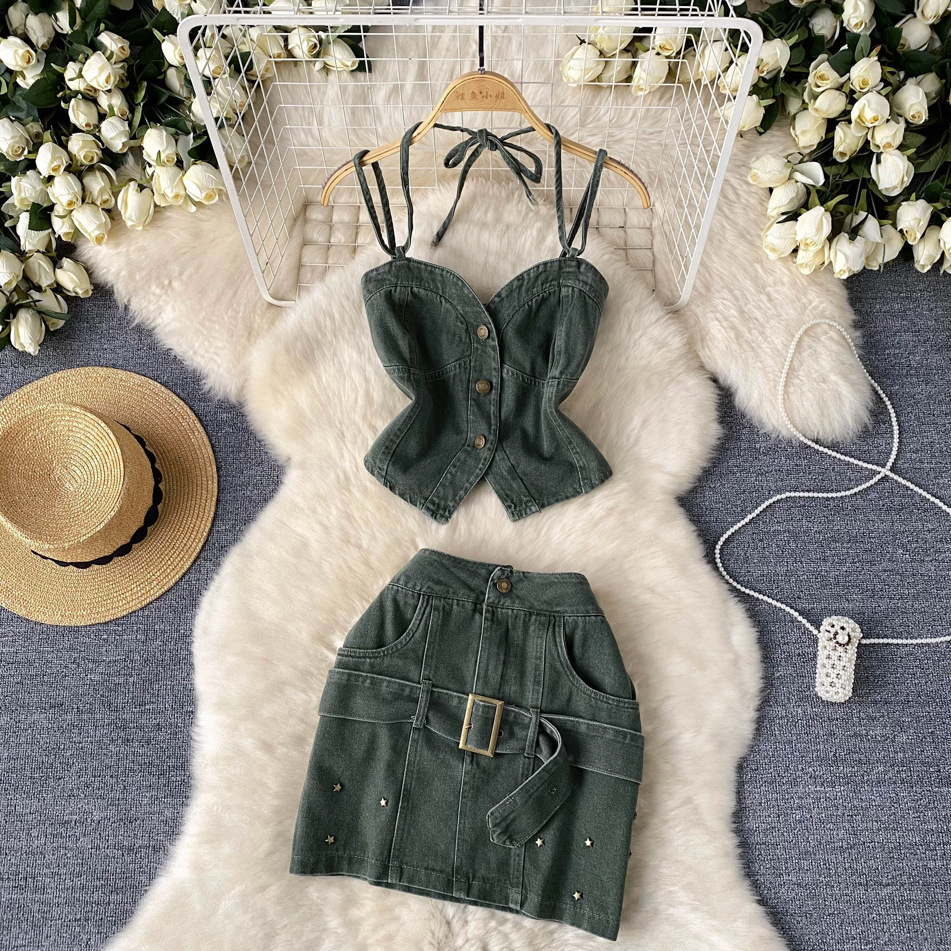 Women Summer New Arrived Denim 2-piece Suits Spaghetti Strap Button Tops Vest+High Waist Zipper Sashes Mini Skirt Clothes Sets