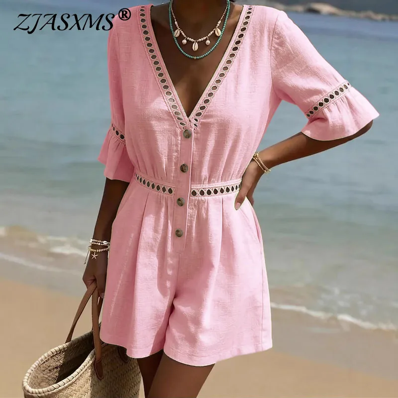 

Женский комбинезон для пляжного отдыха Весна-Лето 2026: с V-образным вырезом, вырезами, карманами, широкими штанинами, рюшами на рукавах, на пуговицах, в стиле бохо