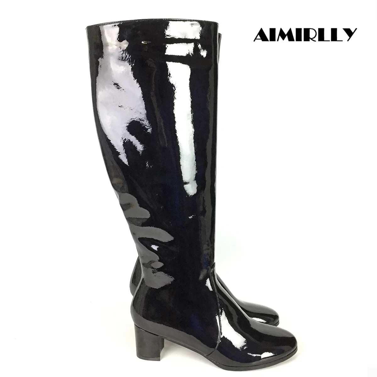 Damskie buty do kolan Mid High Round Toe Shoes Black Patent Leather Winter Autumn Outdoor Footwear Full Zipper Aimirlly Customized