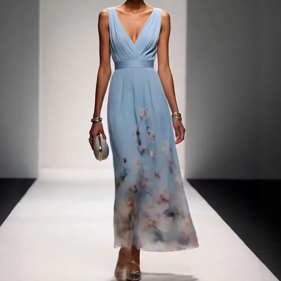 Nova moda vestidos de festa profundo decote em v floral impressão plissado sem mangas uma linha vestido de praia cintura alta verão sexy vestido feminino