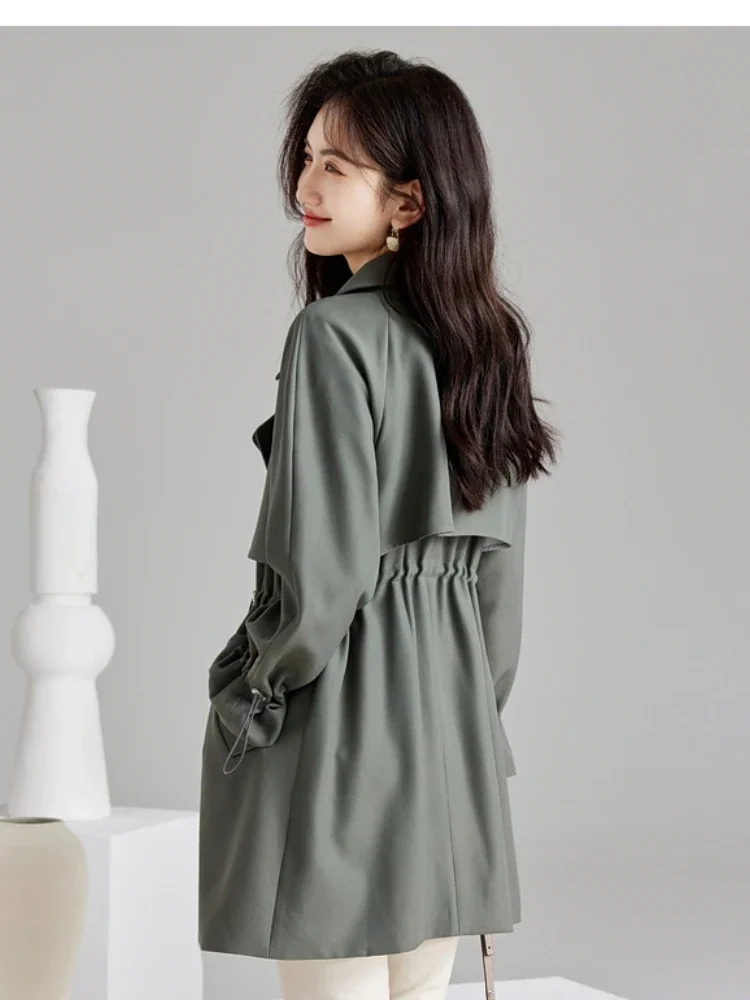 Vimly Korean Style Trench Coats for Woman 2023 Autumn Fashion Outerwear Classic Lapel Drawstring Slim Long Sleeve Overcoat M2902