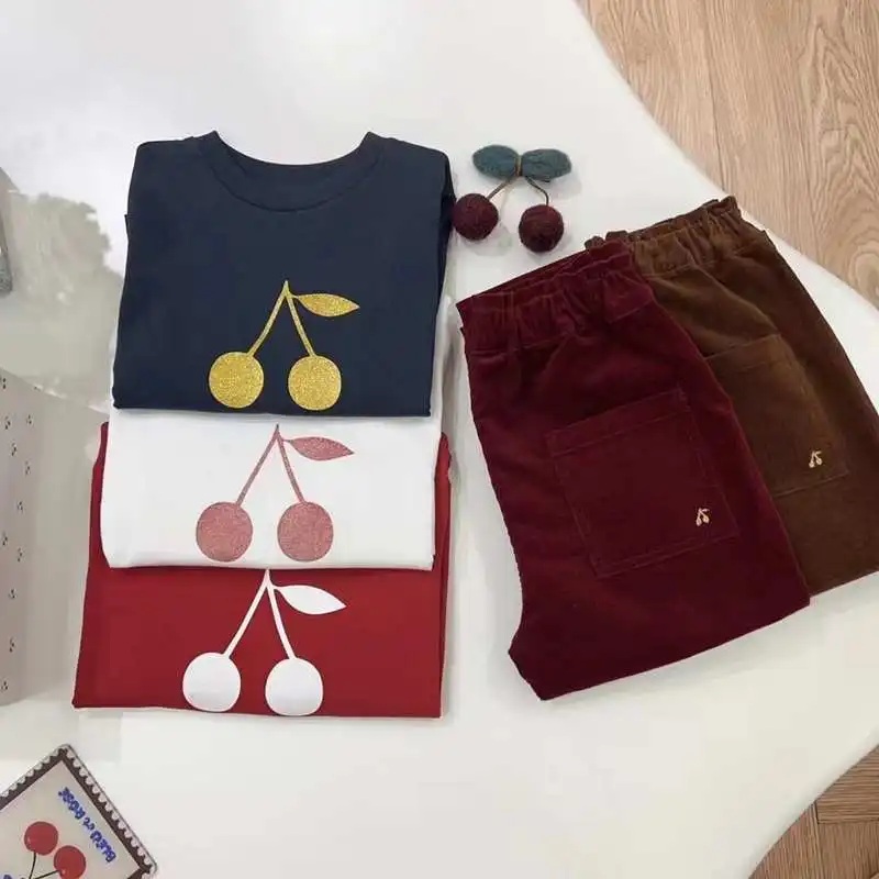 Auf Lager bp Herbst Kleidung Set für Mädchen Kirsch druck T-Shirt Kinder Set Luxus rosa Kirsche Kleidung Set