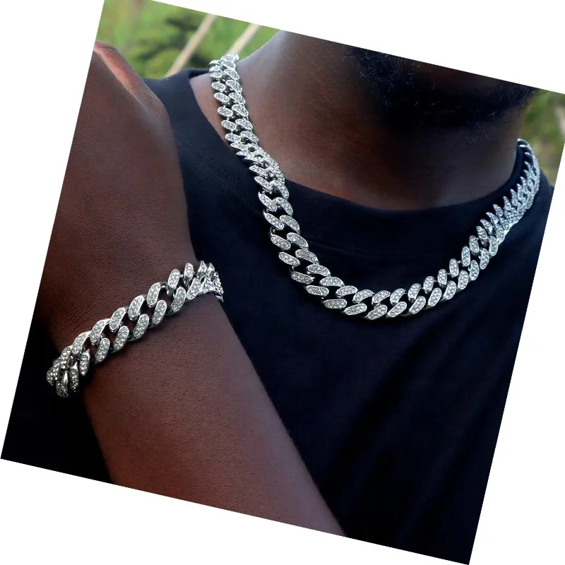 

Unisex Stainless Steel Jewelry collana IcedOut Cuban Link Chain Necklaces sieraden Miami Stone 18k PVD Punk Cuban Necklace Set