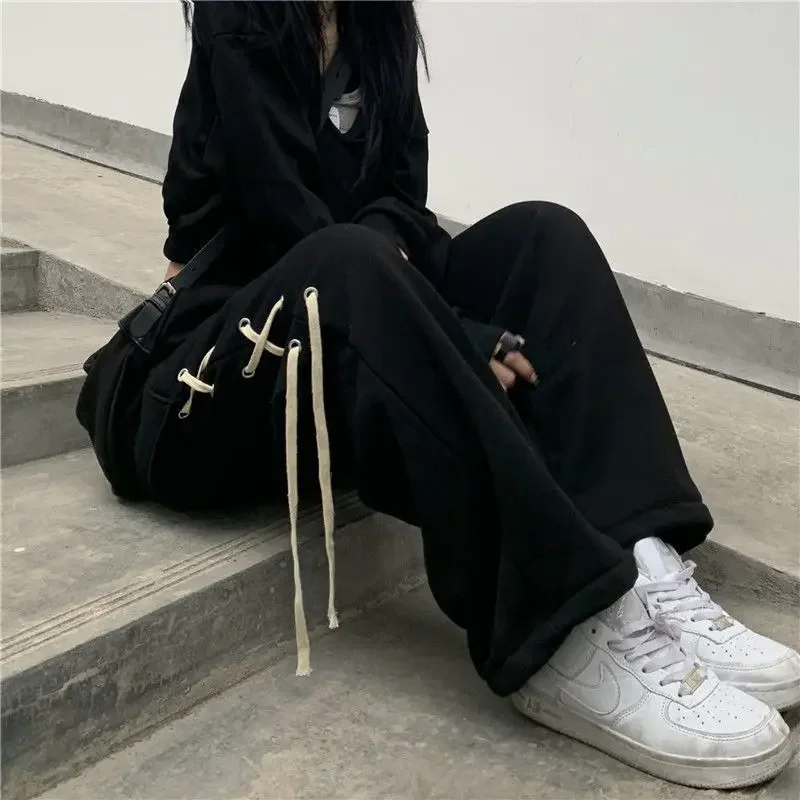 Autumn/winter Hip Hop American Style Tied Loose Fit Straight Leg Casual Pants Bell Bottoms Long Men Women's Unique 2023 Casual