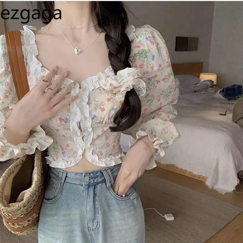 

Ezgaga Blouse Women Floral Printed Ruffles Square Collar Sweet Fashion Long Sleeve Crop Tops French Style Spring Tops Ladies