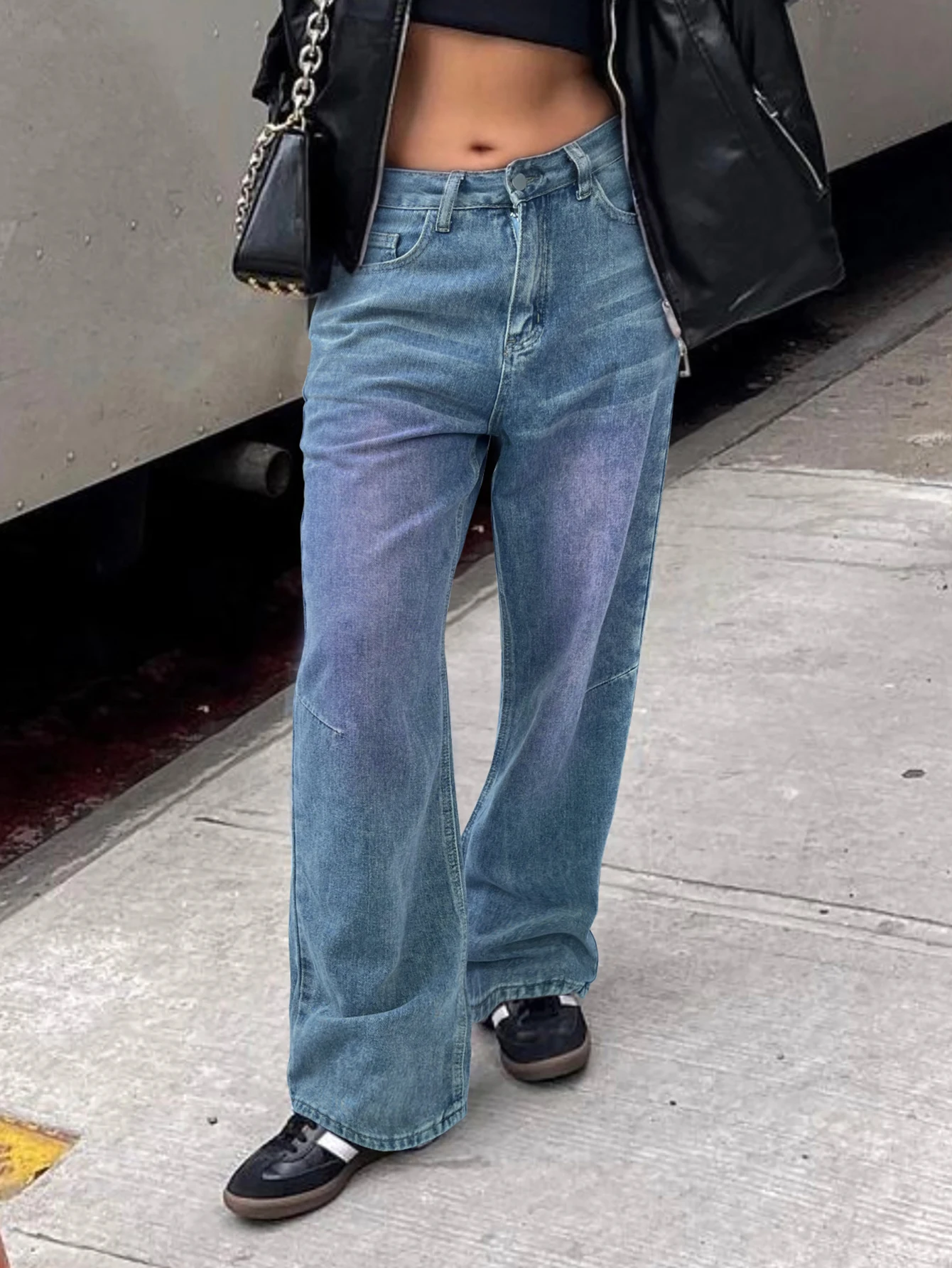 กางเกงยีนส์ทรงตรงขากว้างไล่เฉดสีสไตล์ Y2K สำหรับผู้หญิง เอวกลาง ผ้าพลีทเย็บติดกัน ลุคสี่ฤดู