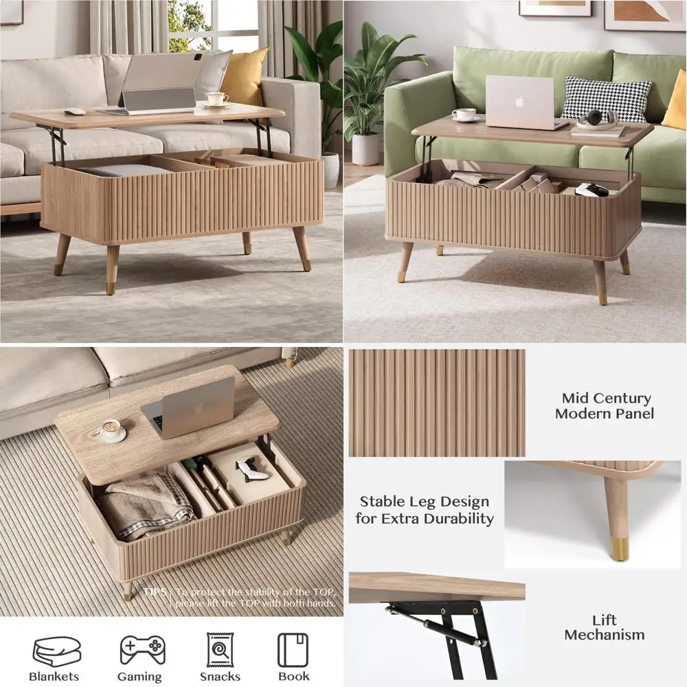 

Современный журнальный столик с подъемным верхом середины века и скрытым хранилищем, рифленый дизайн 38 для гостиной