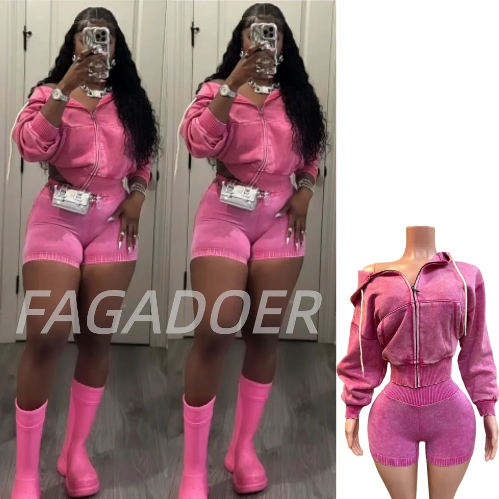 

FAGADOER Casual Wash Two Piece Outfits Woman Solid Color Long Sleeves Hooded Crop Top and Shorts Matching Female Streetwear New