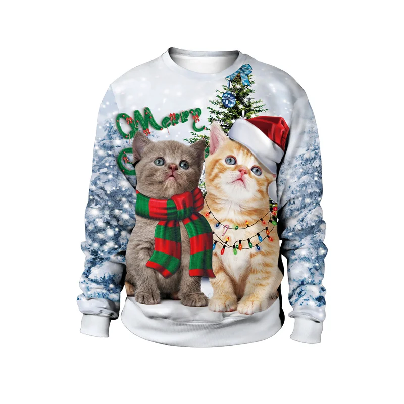 3D Printed Christmas Tree Sweatshirt For Men Snowman Cat Dog Pattern Pullover Casual Loose Round Neck Long Sleeve Tops Hoodies