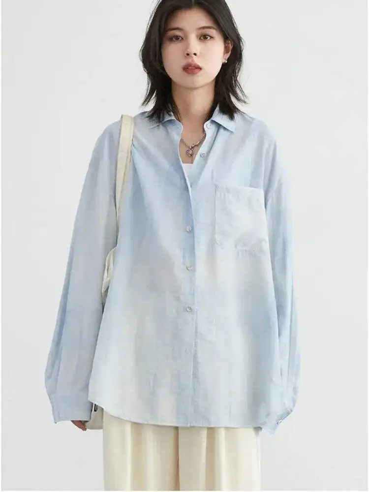

CHIC VEN Women Shirt Loose Casual Textured Tie Dye Collar With Split Long Sleeved Blouses Sun Protection Ladies Coat Summer 2024