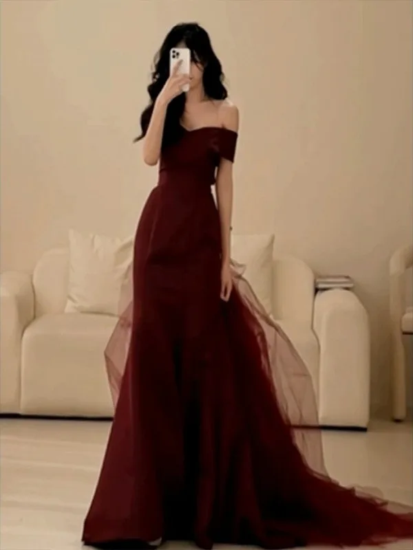 

Ele Red Evening Gown for Women Engagement Par Dr Luxury mat Off-oulder Long Skirt High-Quali Polyester Fiber