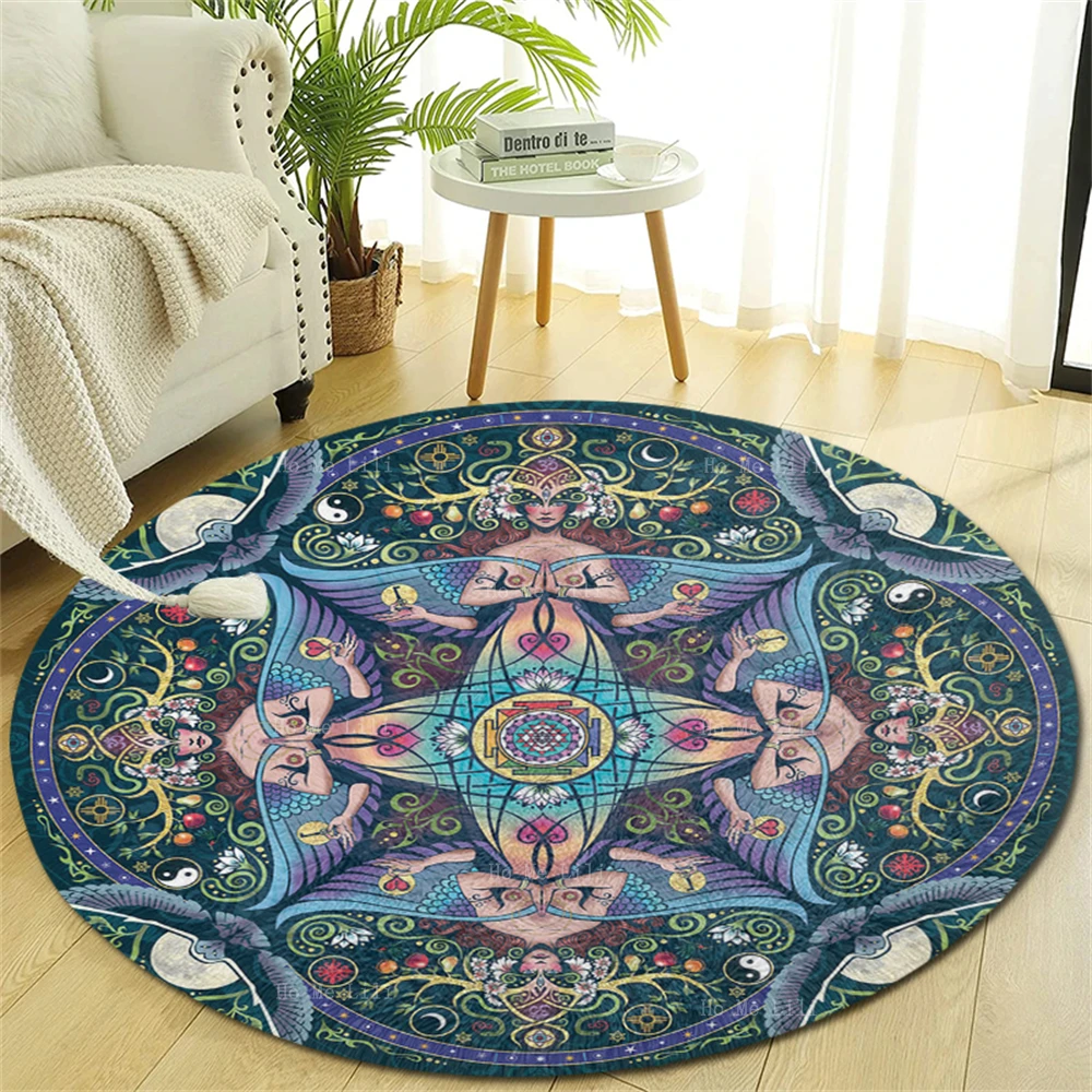 Moon Mandala Mystery Magic Owl Pagan Goddess Art Messenger Of Light The Tree Of Life Meditation Round Flannel Floor Rugs