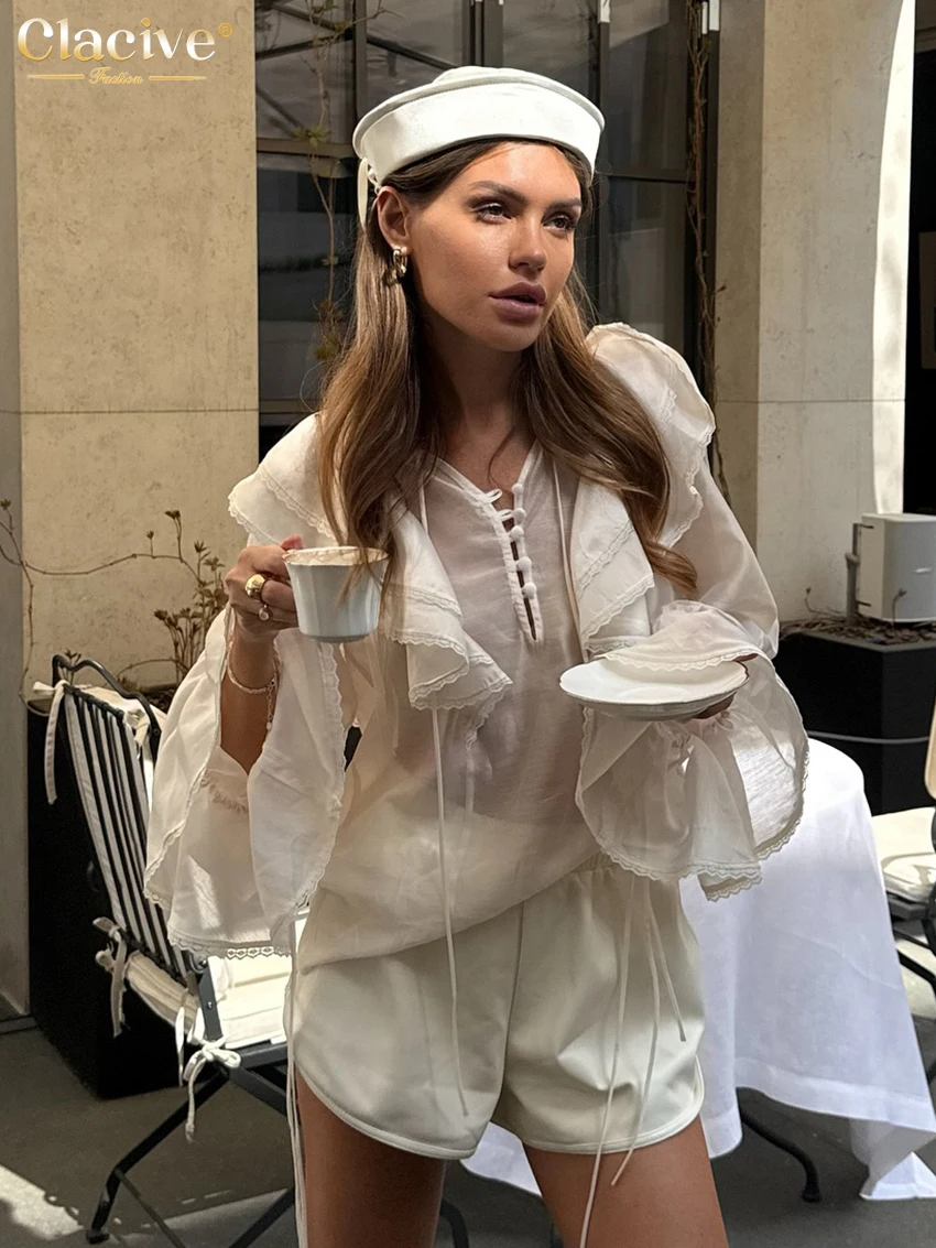 

Clacive модная свободная белая женская рубашка 2026 повседневные женские рубашки с v-образным вырезом и длинными рукавами элегантный классический однотонный топ женская одежда