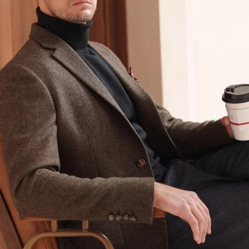 Autumn and Winter Thickeneded Retro Coarse Woolen Suit Business Casual British Style Herringbone Pattern Suit Jacket for Men