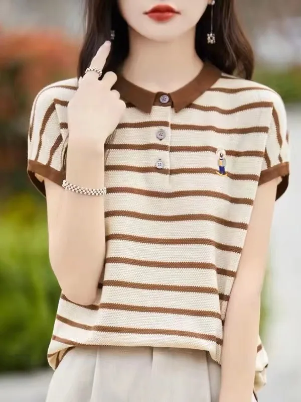 루즈핏 자수 티셔츠 여성 스트라이프 칼라 여름 상의 아울렛 브랜드 리틀베어 스티칭 캐주얼 니트웨어