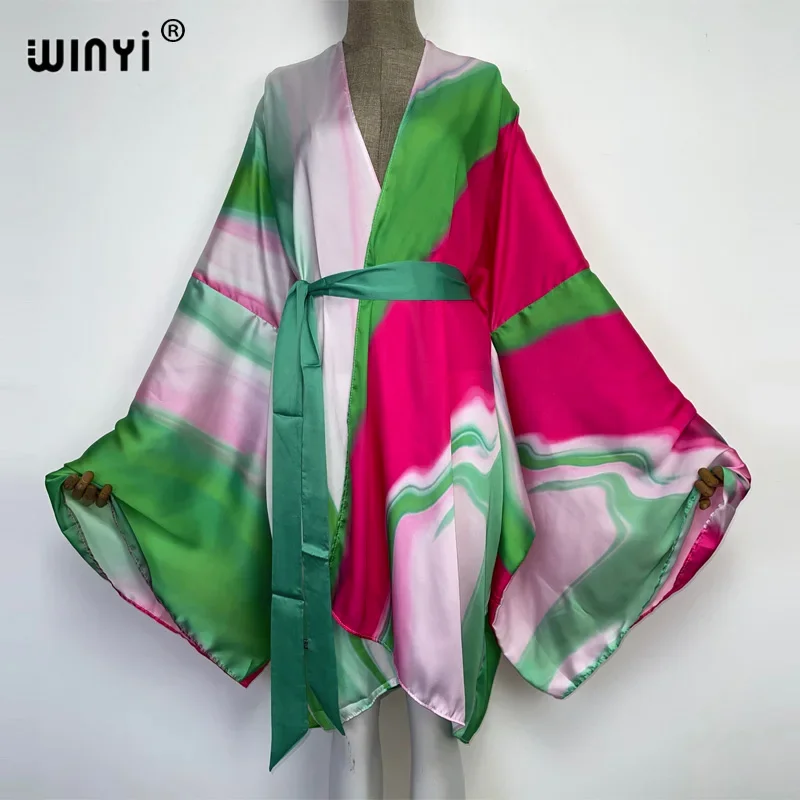 

WINYI Catwalk Kimono Women Printed bubble hem coat Long Sleeve Cardigan abaya dubai luxury beachwear Cover Up boho dress Caftan